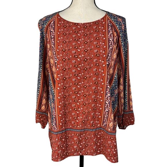 J Jill Large Top Floral 3/4 Sleeves Tie Keyhole Round Neck Lightweight Multi - Picture 1 of 10